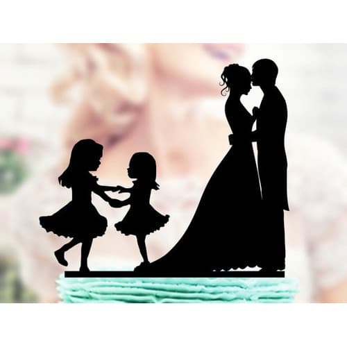 Topo De Bolo Acrílico Silhueta,casal,2filhas,casamento