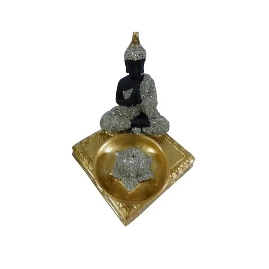 Porta Incenso Buda Dourado E Prata  10x7x7cm Resina