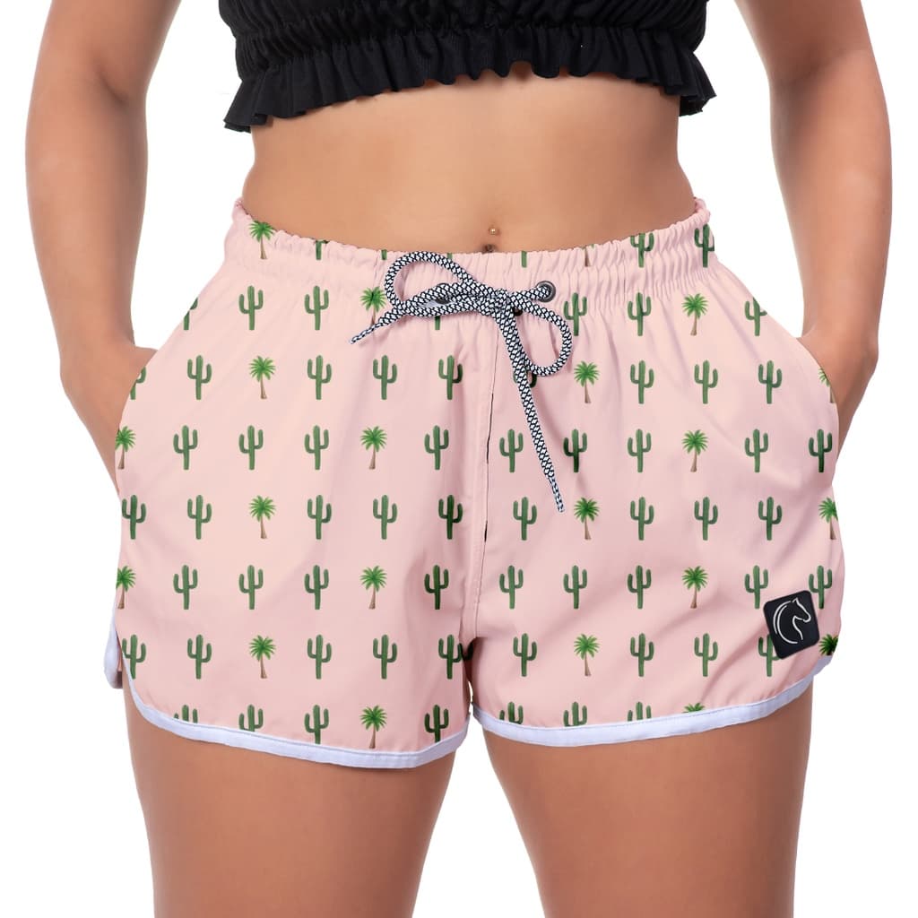 Short Feminino Moda Praia Premium Estilo Casual Soltinho Com Bolsos e Secagem Rápida Cacto Rosa