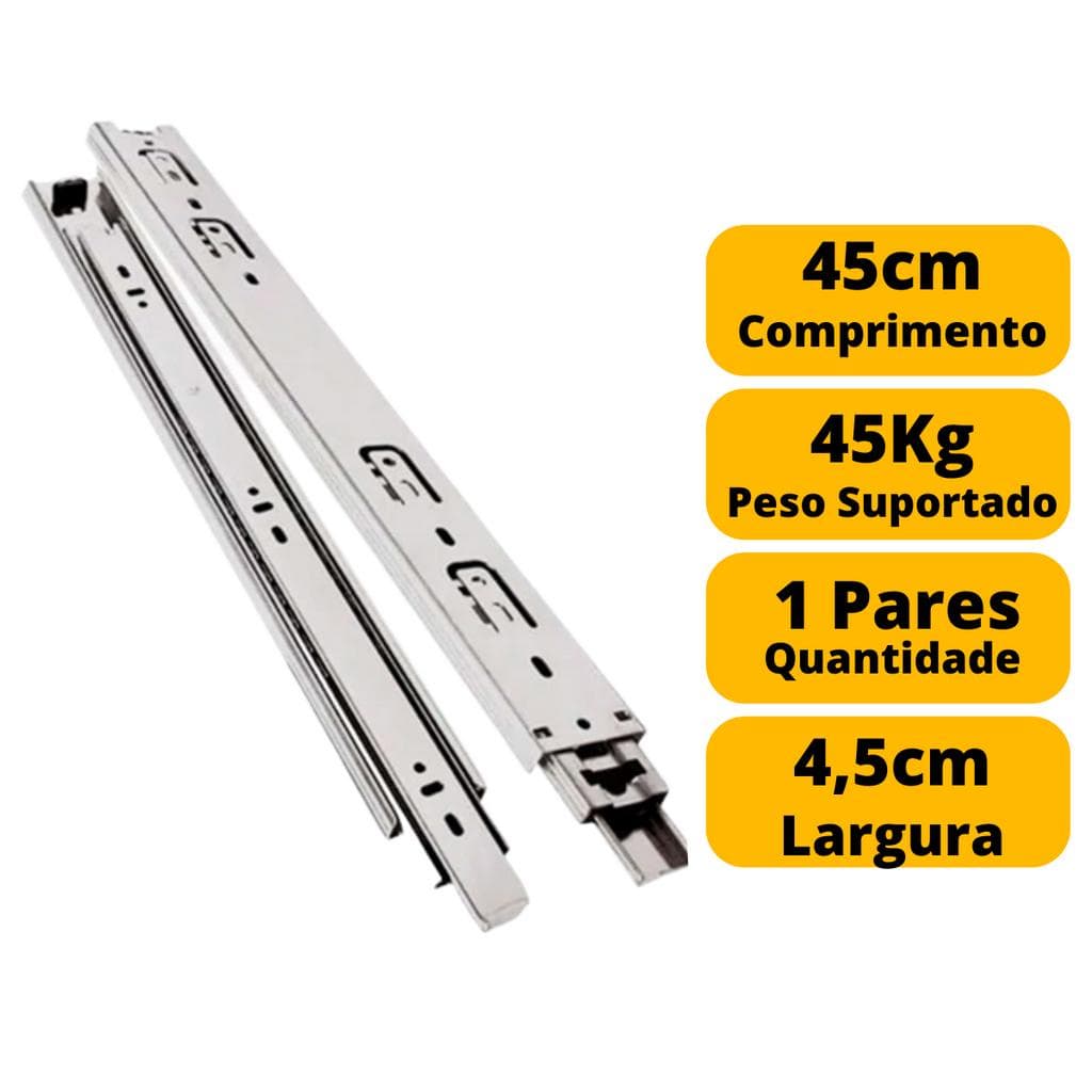 Corrediça Telescópica Para Gaveta Reforçada 45cm 1 Par 45 Kg