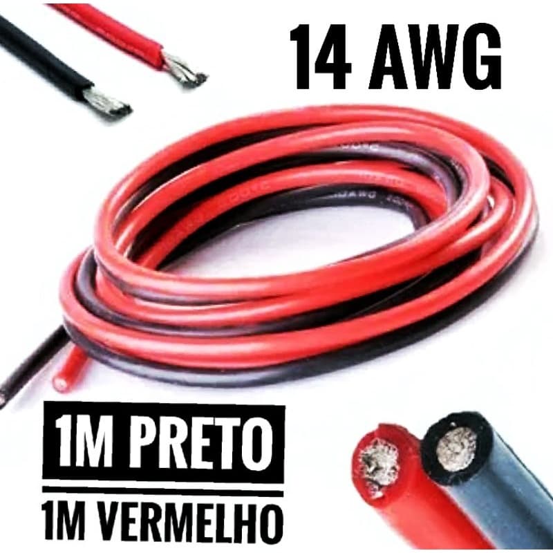 Fio cabo silicone 14awg 1m preto + 1m vermelho siliconado aero drone rc esc fio malha fina