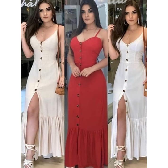 Vestido Longo Com Botões A Frente Com Babado e Bojo e Com Alça Regulável