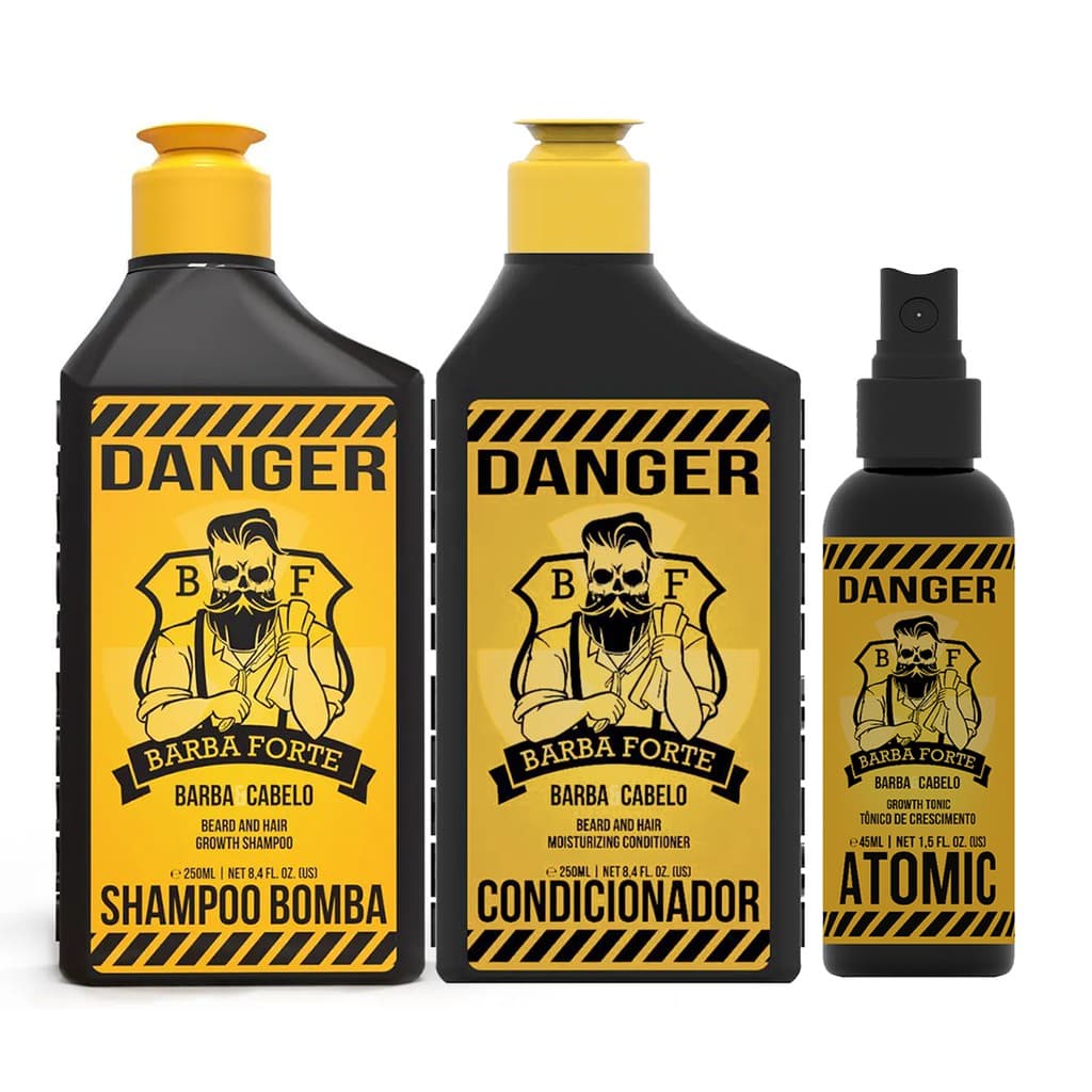 Kit Danger Barba e Cabelo Shampoo, Condicionador e Tônico Barba Forte