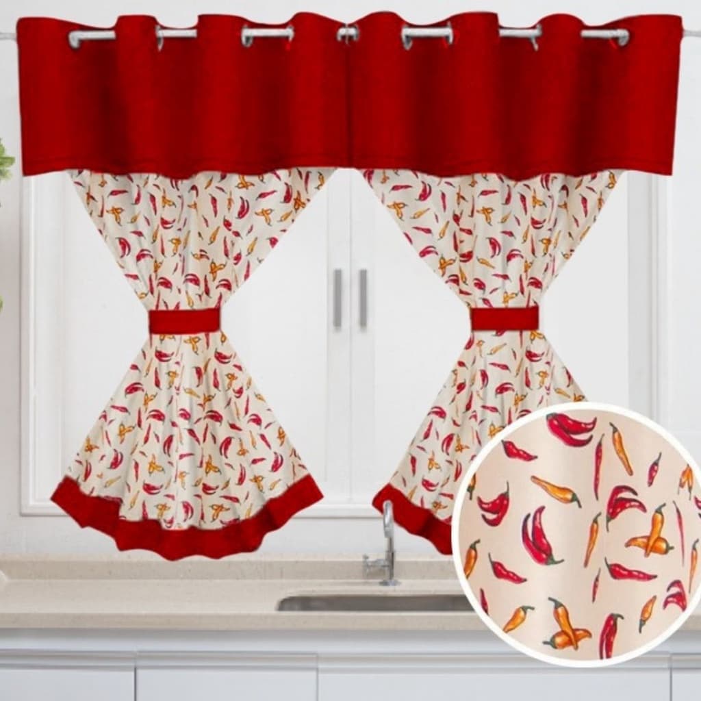 Cortina Cozinha Moderna Janela Casa Decoração  2,00m X 1,20m Varão Simples Bandô Vermelho Pimenta