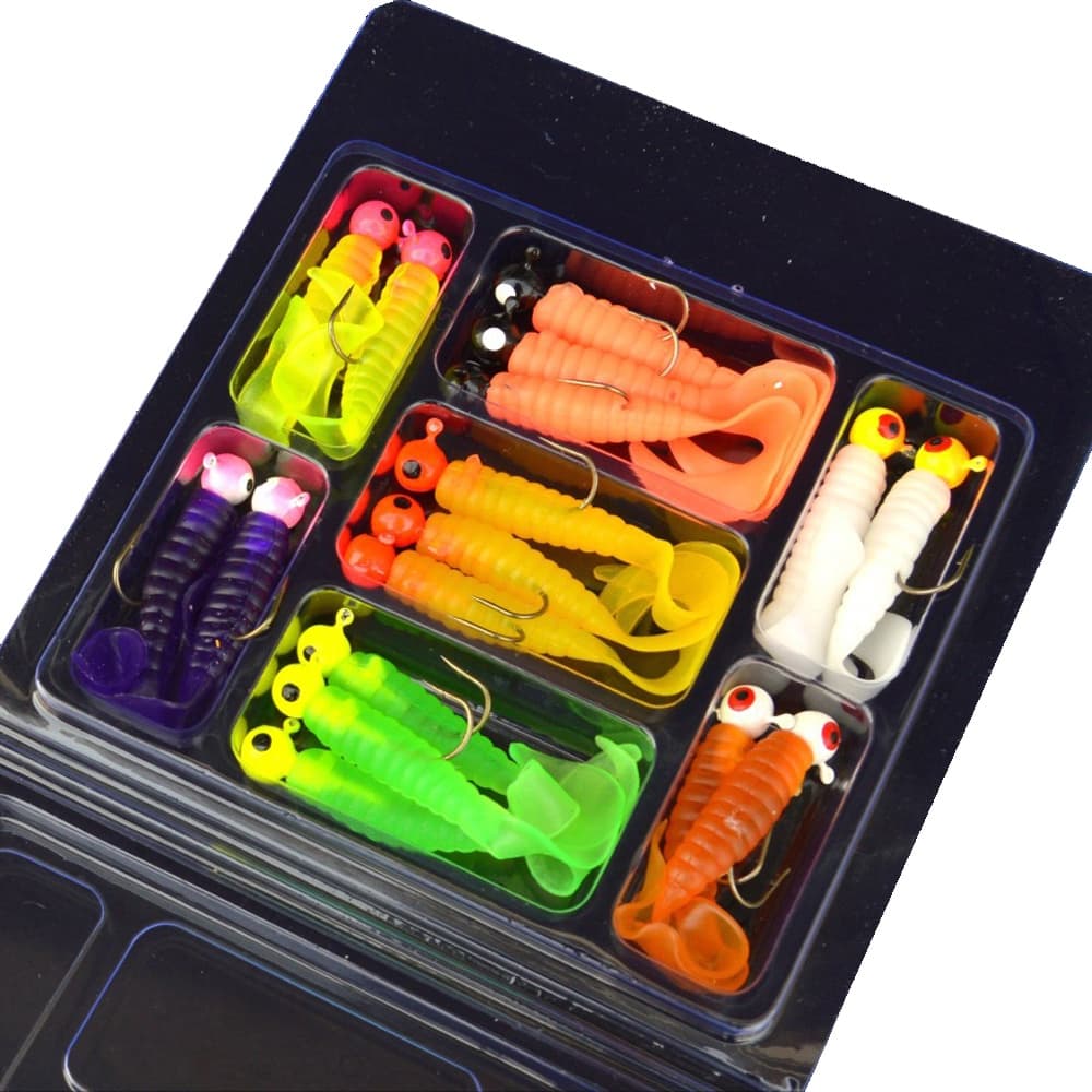 34pcs Conjunto De Ganchos De Pesca Cabeça De Metal Jig 17 Pçs Gancho + 17pcs Jigging Isca Minhoca Macia De Silicone