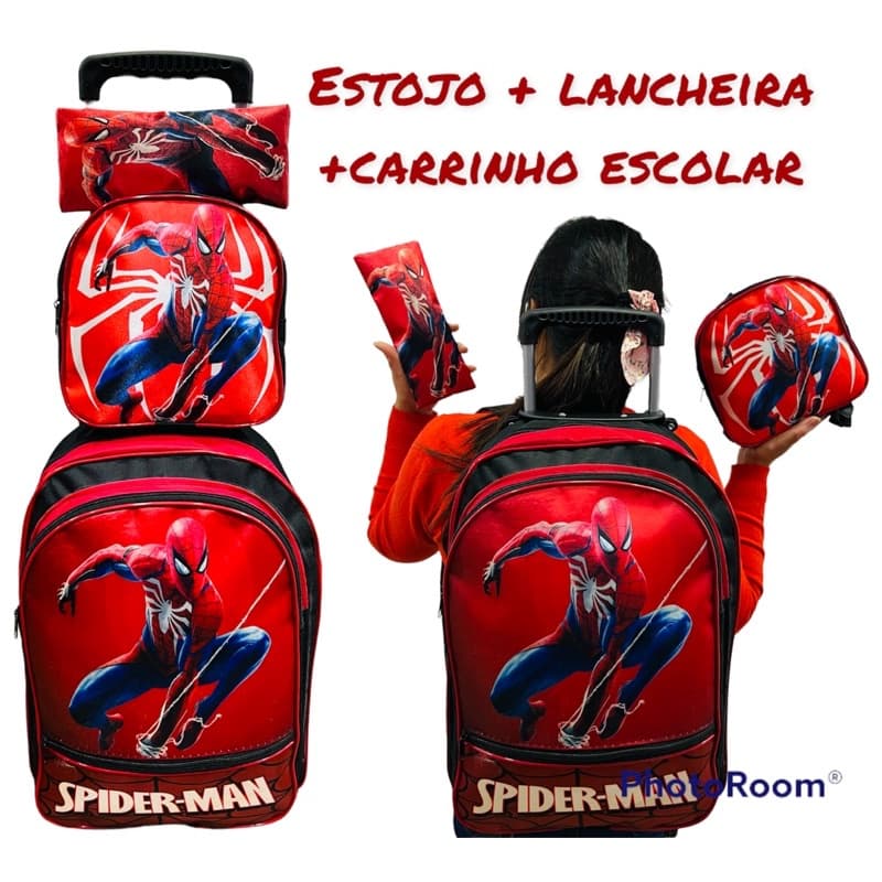 mochila homen aranha escolar kit + carrinho escolar + estojo + lancheira
