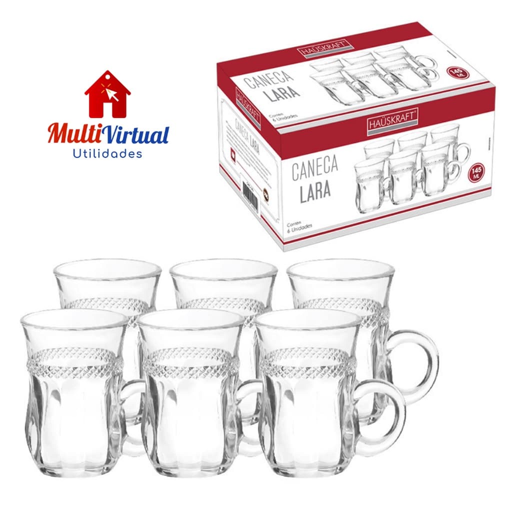 Caneca Lara Vidro 145ml Jogo 6 Peças Envio Imediato
