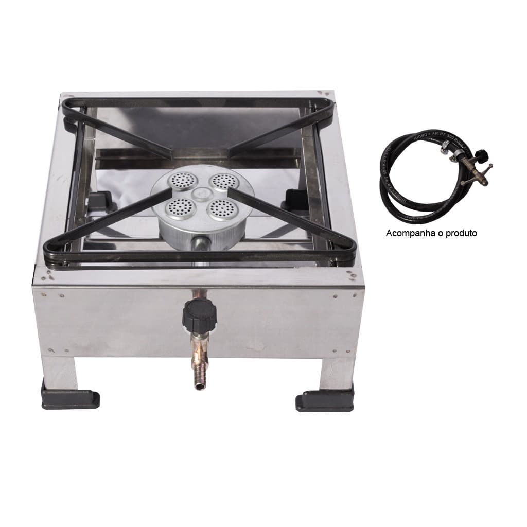 Fogão Fogareiro Inox 1 Boca Alta Pressão  Queimador Chapeirinho  Com Regulador De Gás Incluso