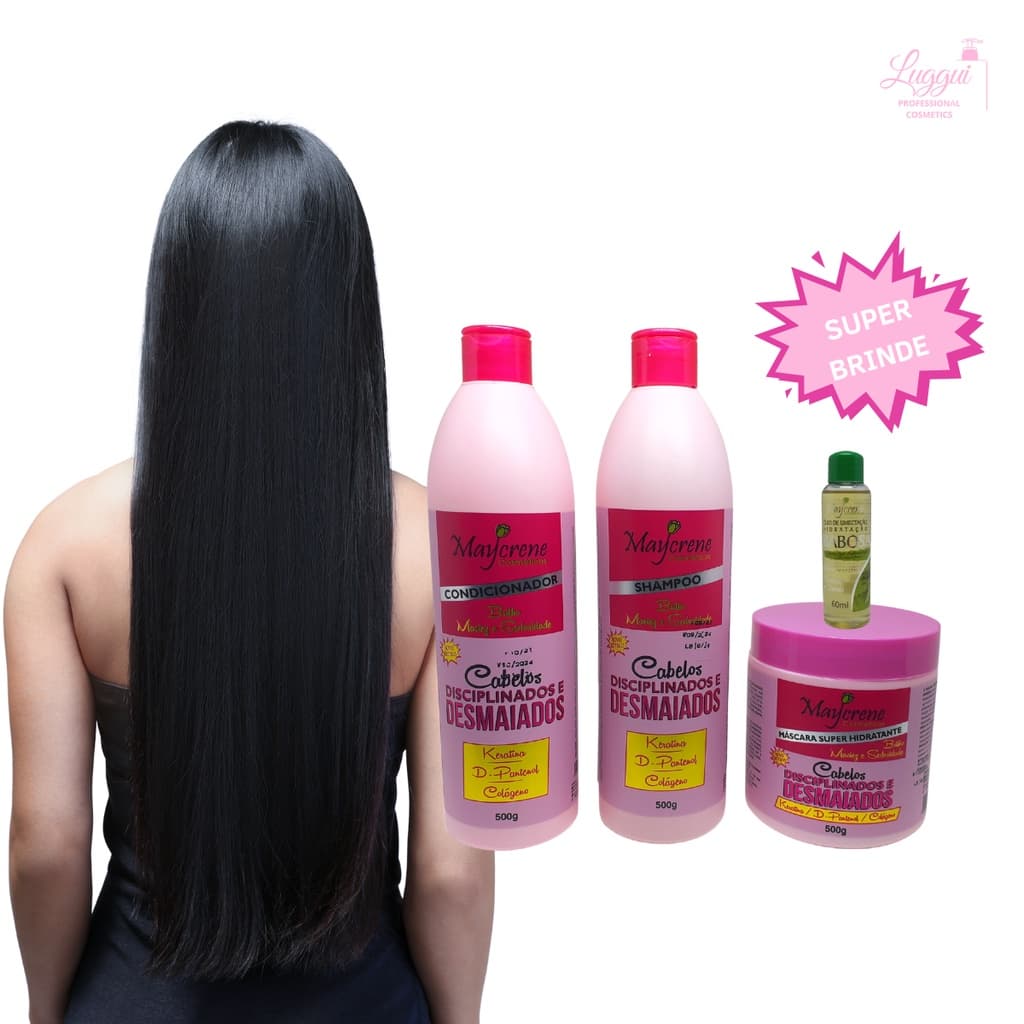 Kit Cabelos Desmaiados e Disciplinados 500g Maycrene Cabelos Mais Lisos e Hidratados Shampoo, Condicionador, Máscara + (Óleo Umectante)