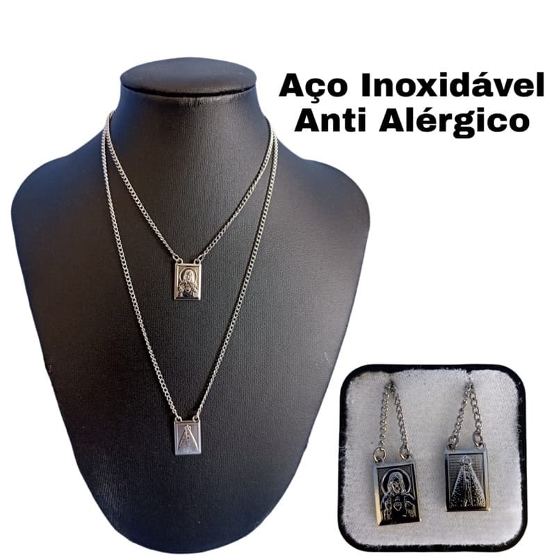 Escapulário Aço inoxidável Nossa Senhora Aparecida e Sagrado Coração de Jesus | Modelo 60cm | Escapulário |Corrente
