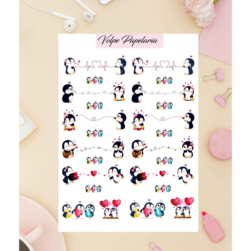 Cartela de adesivos pinguim valentine day / dia dos namorados
