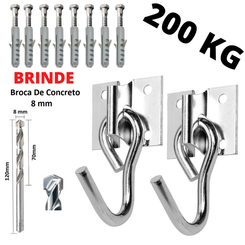 Kit Gancho Armador De Rede De Balanço Aço Com 8 Parafusos E Buchas + Broca