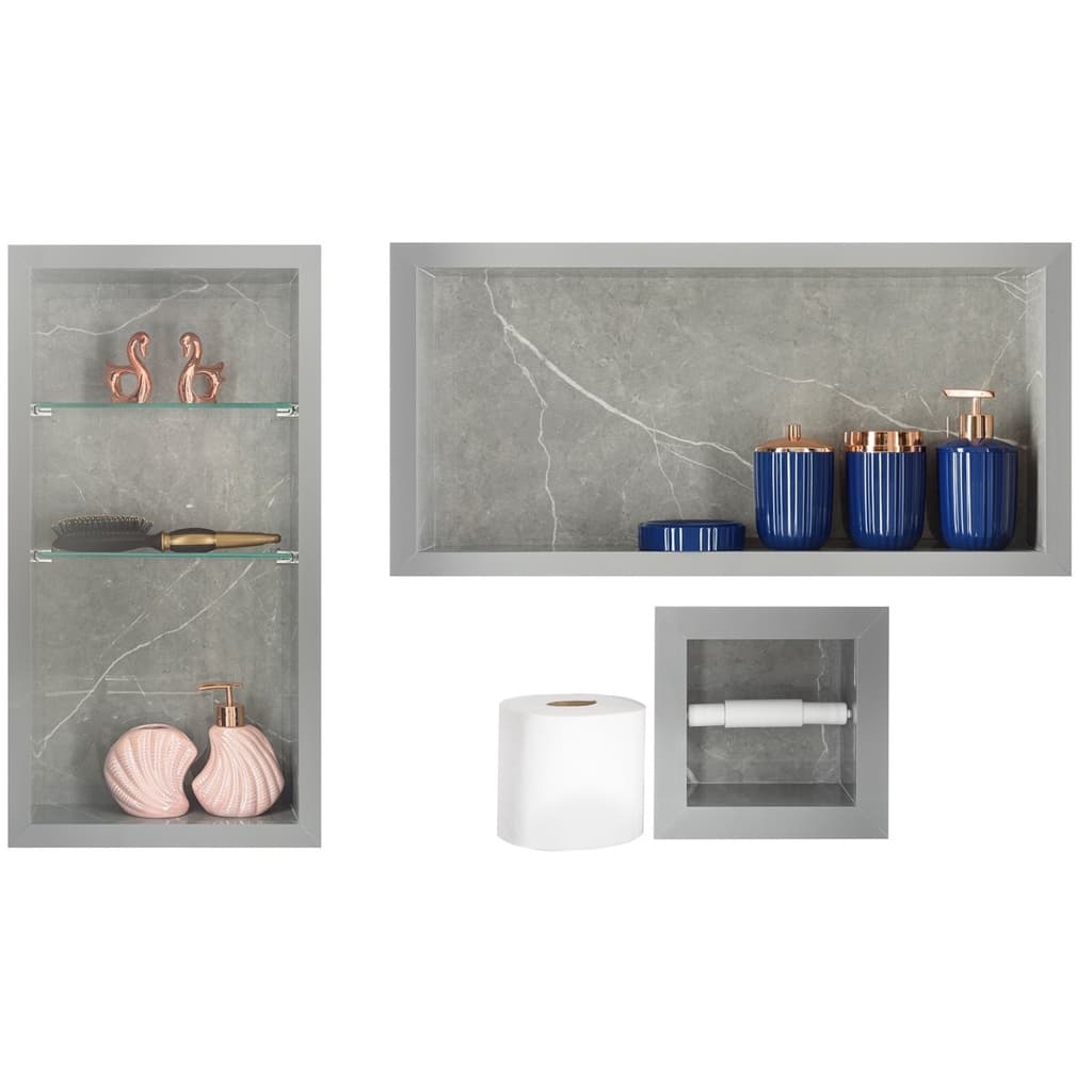Nicho pra Banheiro Em Porcelanato Para Banheiro - kit com 3 peças  (Cinza Marmorizado)