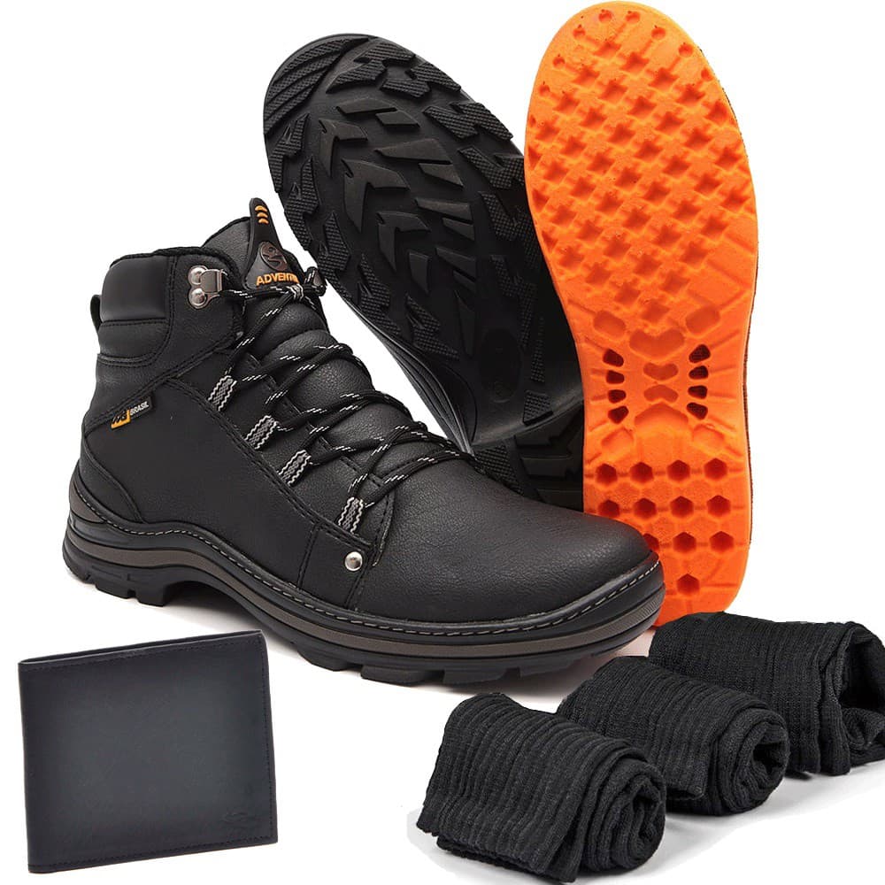 Bota Couro Adventure Venom Preta com Carteira e 3 meias