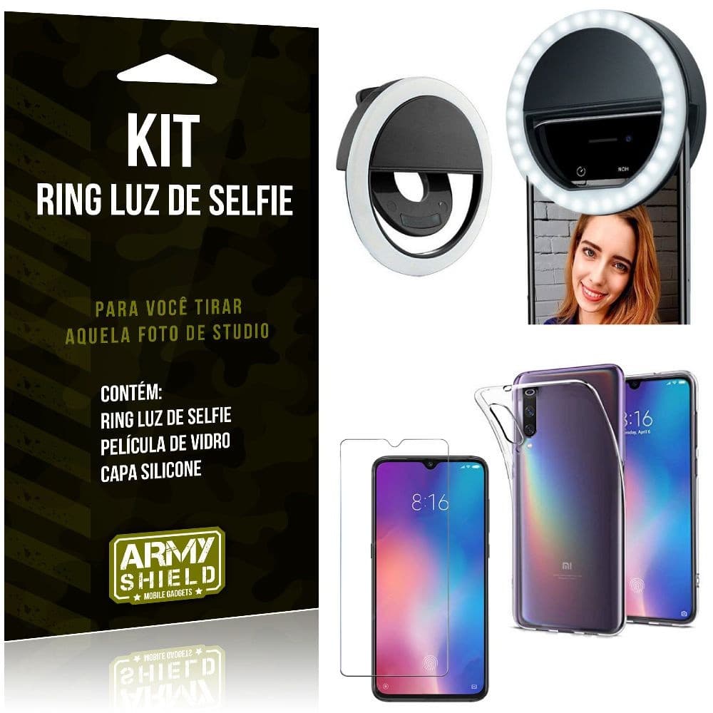 Ring Luz de Selfie Xiaomi Mi 9 Flash Ring + Capa Silicone + Película Vidro - Armyshield