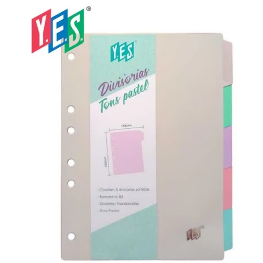 10 Divisórias YES Coloridas Tom Pastel para Caderno Argolado ou Fichário B5 Colegial Universitário