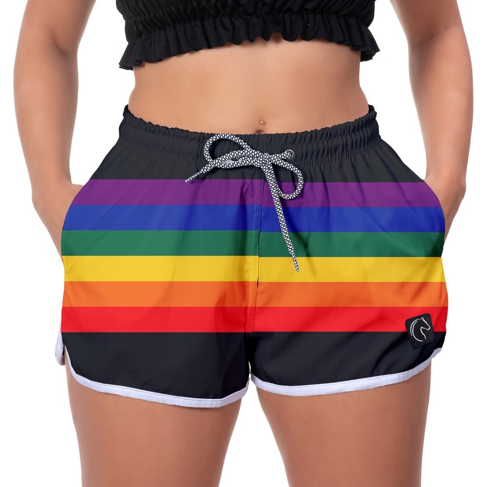 Short Feminino Curto Estampa Arcos Íris LGBT Soltinho Casual Moda Praia Leve Durável Respirável Seca Rápido