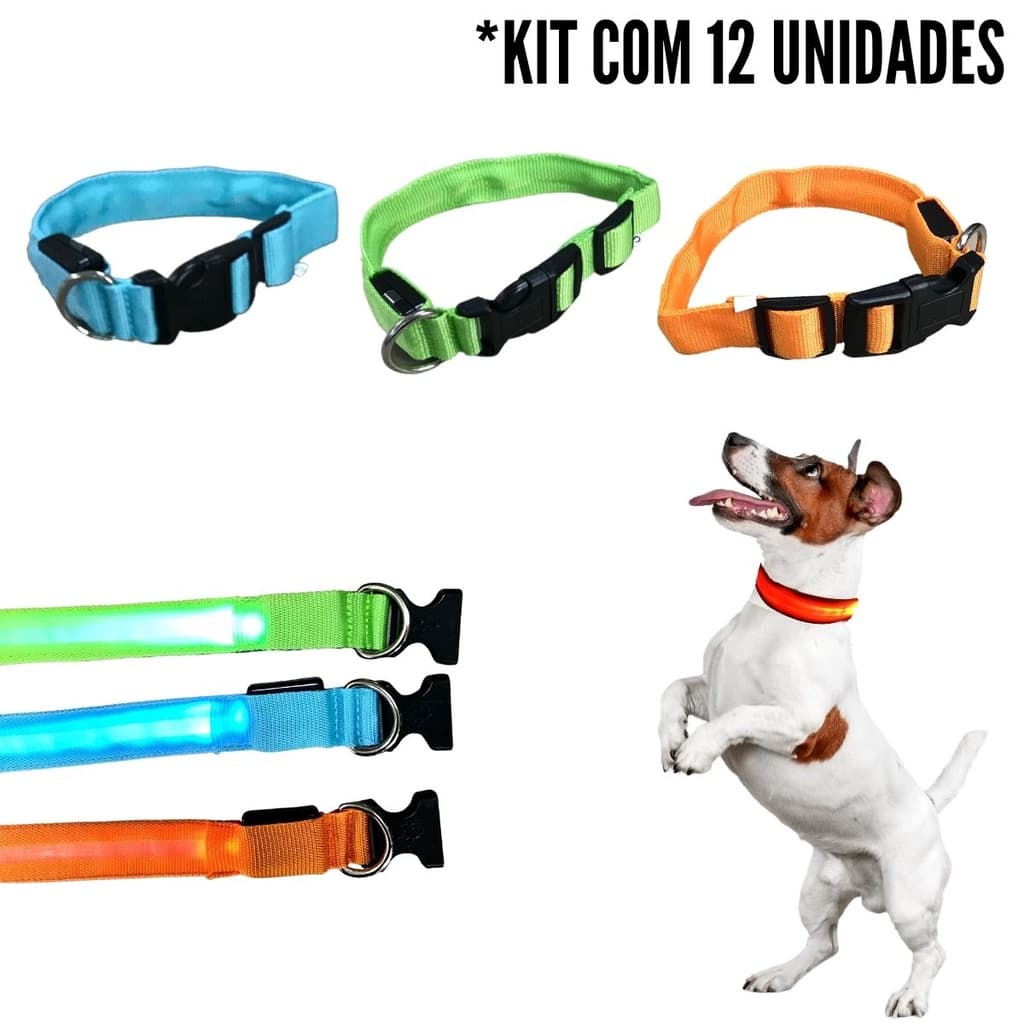 12 Coleira Para Cachorro Pet Com Led Tamanho Médio Regulável