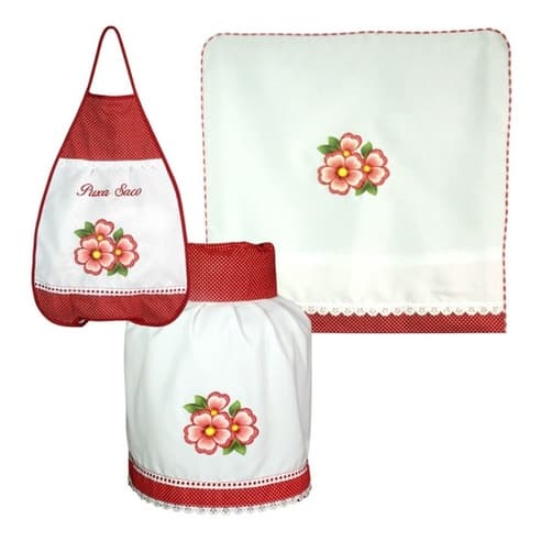 Kit Bordado P/ Cozinha: Capa P/ 4 Bocas, Botijão E Puxa Saco