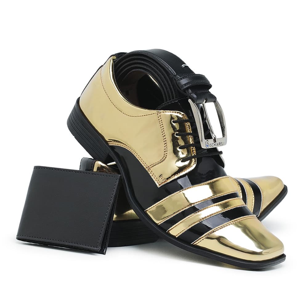 Kit Sapato Social Italiano 840 Dourado Preto Com Cinto E Carteira Masculino Verniz Moderno Casamento