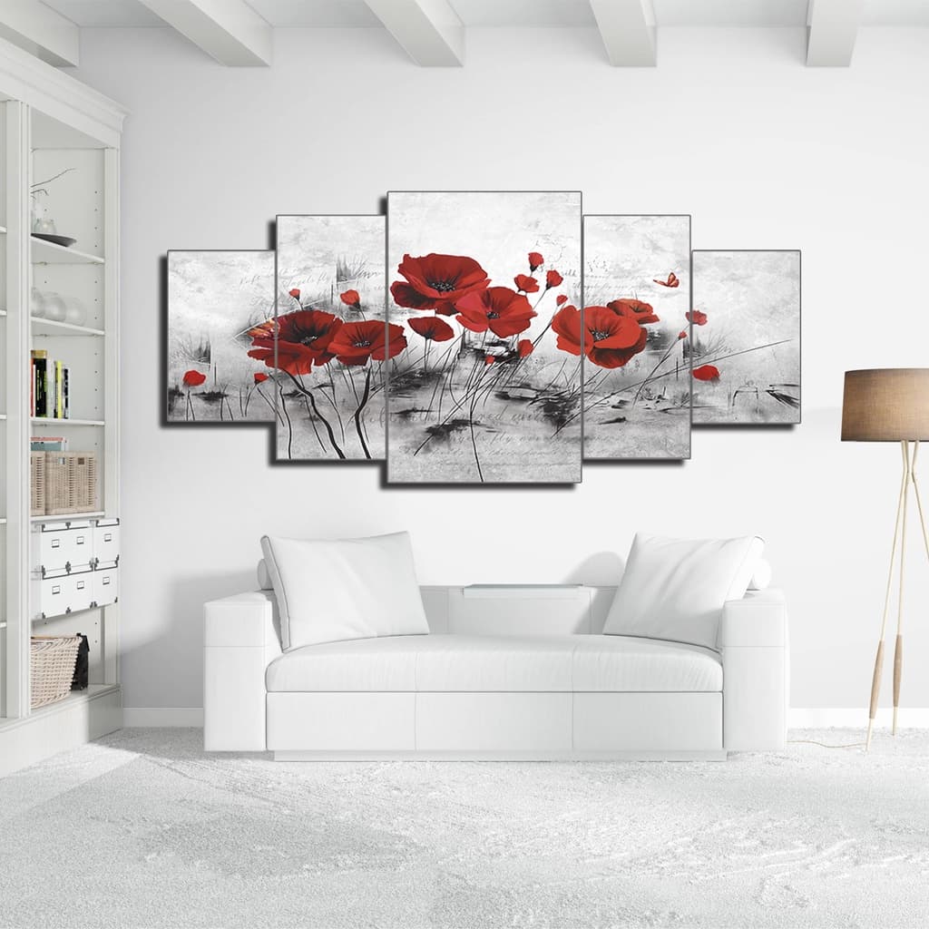 QUADRO DECORATIVO MOSAICO 5 PEÇAS PAPOULAS VERMELHAS PARA SALA E QUARTO