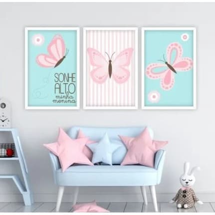 Quadro Decorativos 3 peças MDF Mosaico Plaquinha 20x30 Infantil Borboletas Sonhe Alto Minha Menina