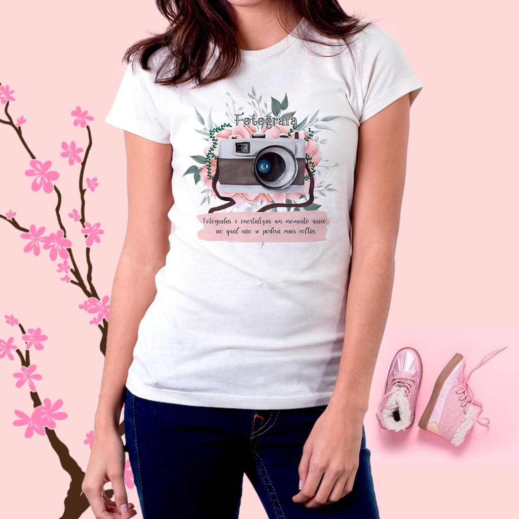 Camisa Camiseta Estampa "Fotografa" Poliéster, Camiseta Personalizada