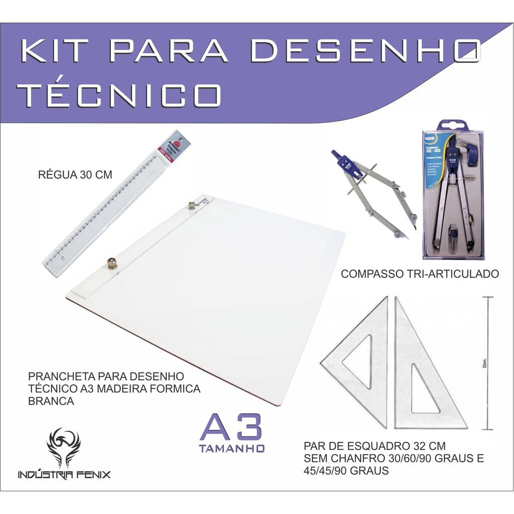 Kit Desenho Técnico Prancheta Engenharia Arquitetura Edificações A3 Formica Par Esquadro 32 cm Compasso Cis 303 Regua 30