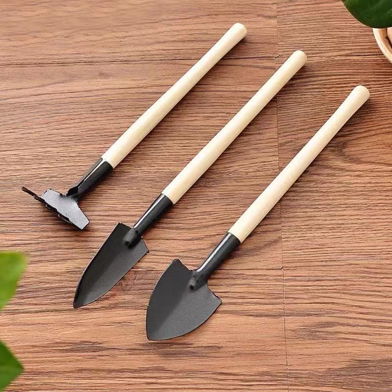 3Pçs Conjunto de Ferramentas de Jardim em Miniatura / Pás/Ancinho de Aço Inoxidável com Cabo de Madeira para Jardinagem