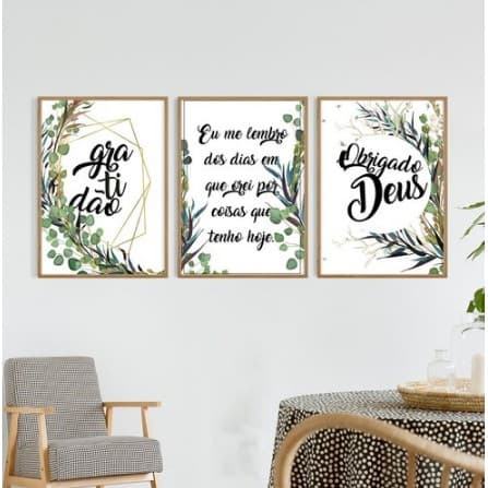 Kit quadrinho decorativo 3 peças Gratidão Frases Eu me lembro do dia que orei