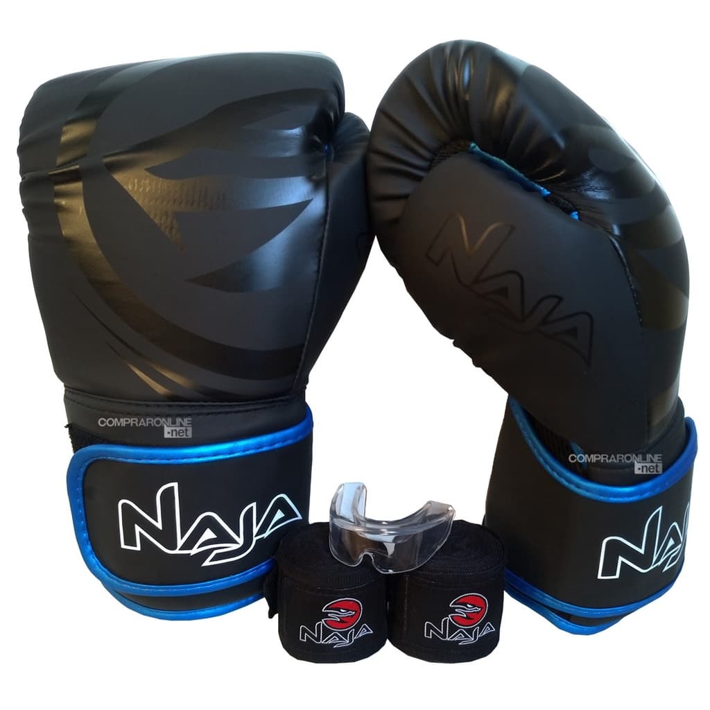 Kit Muay Thai Boxe Naja 14 Oz Luvas Bandagens Bucal Black Line Azul