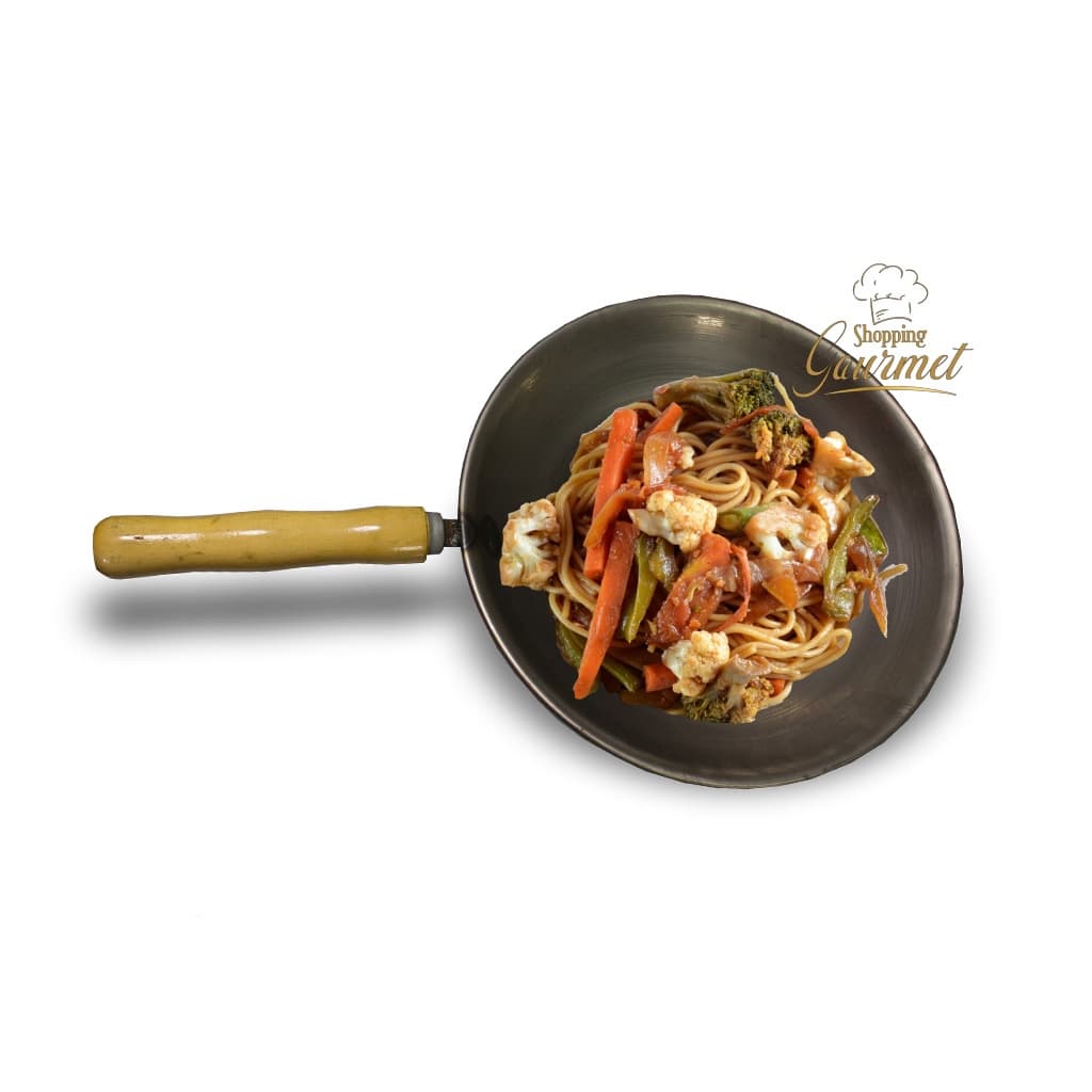 Frigideira Panela Wok Yakisoba Multiuso  Em Aço Carbono 36 Cm Cabo De Madeira