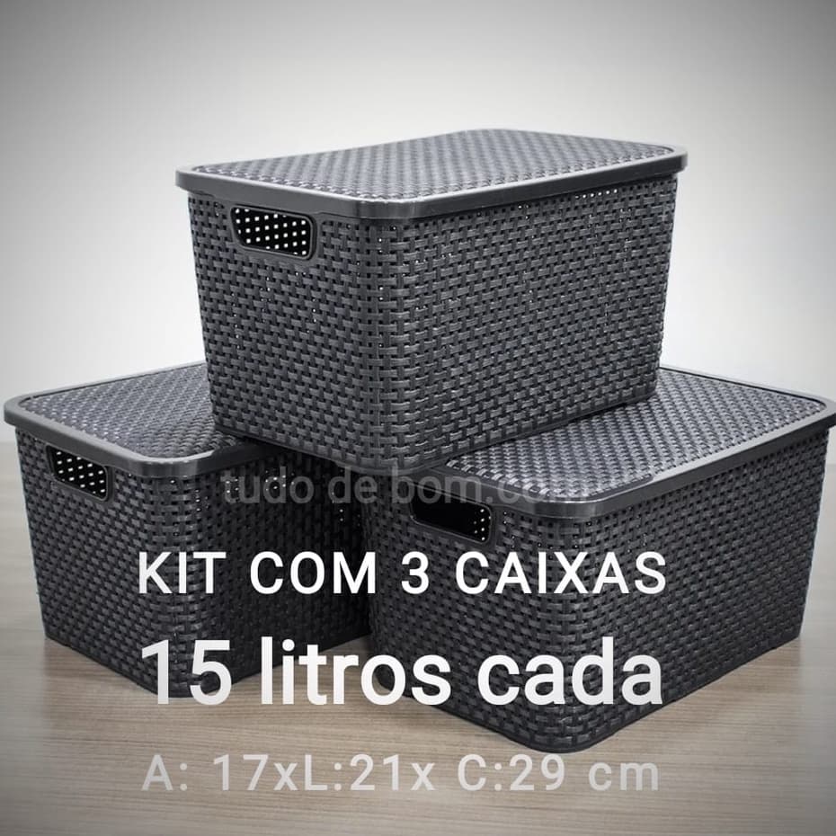 KIT COM 3 CAIXAS ORGANIZADORAS DE RATTAN COM TAMPA PRETA  DE 15 LITROS MEDIDAS: Altura: 17 cm Largura: 21 cm Comprimento: 29 cm-ORGANIZA CASA, ESCRITÓRIO E TRABALHO