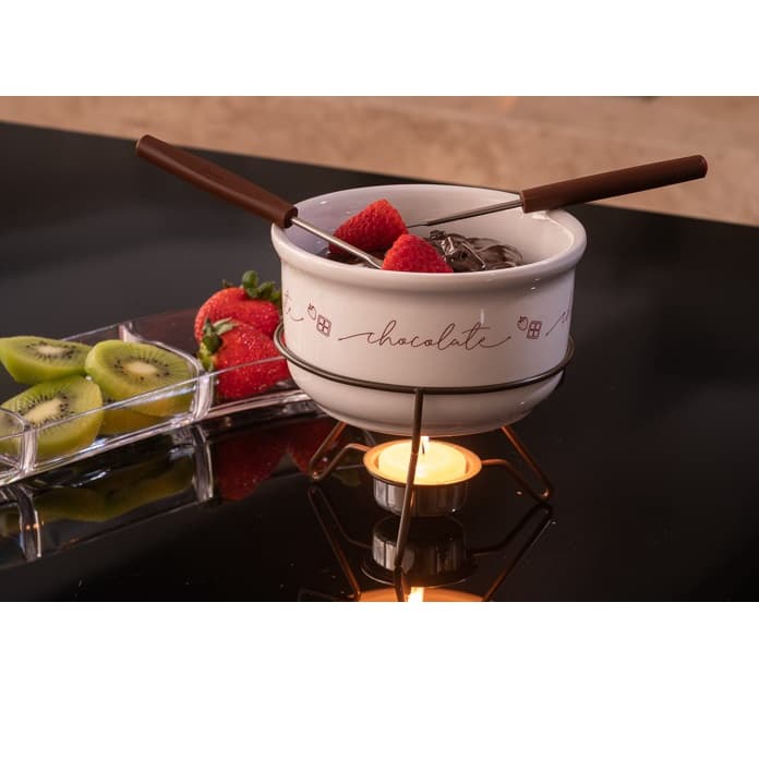 Conjunto Para Fondue Chocolate 5 Peças Casal Forma Inox Porcelana Aparelho fundi