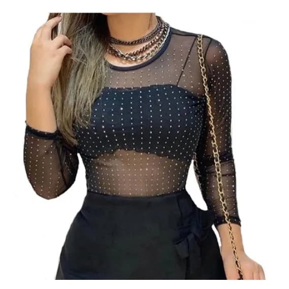 Conjunto Feminino Body Tule Manga Longa Pedraria Cropped Faixa Renda Alça Fina