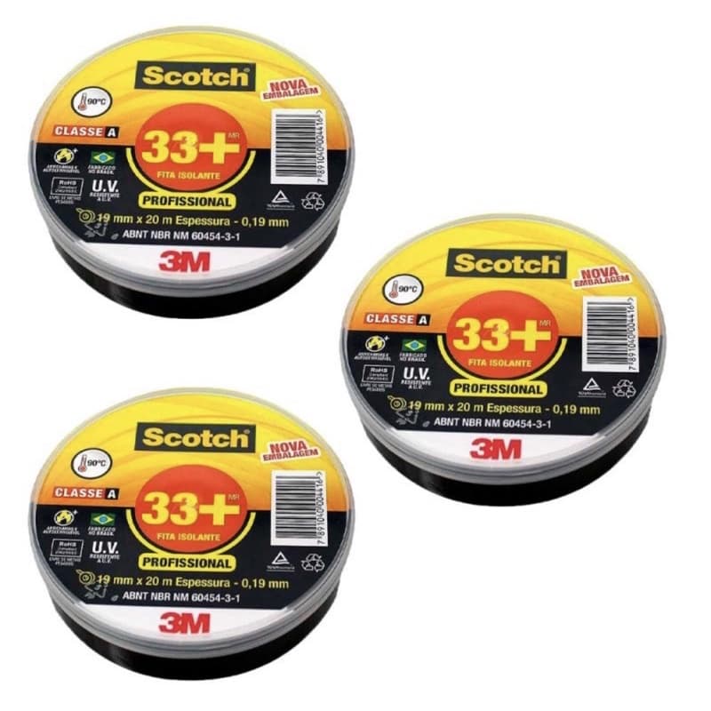 Kit c/ 3 Fitas Isolante 3M33+ Scotch profissional 20 Metros cada rolo excelente aderência isolamento
