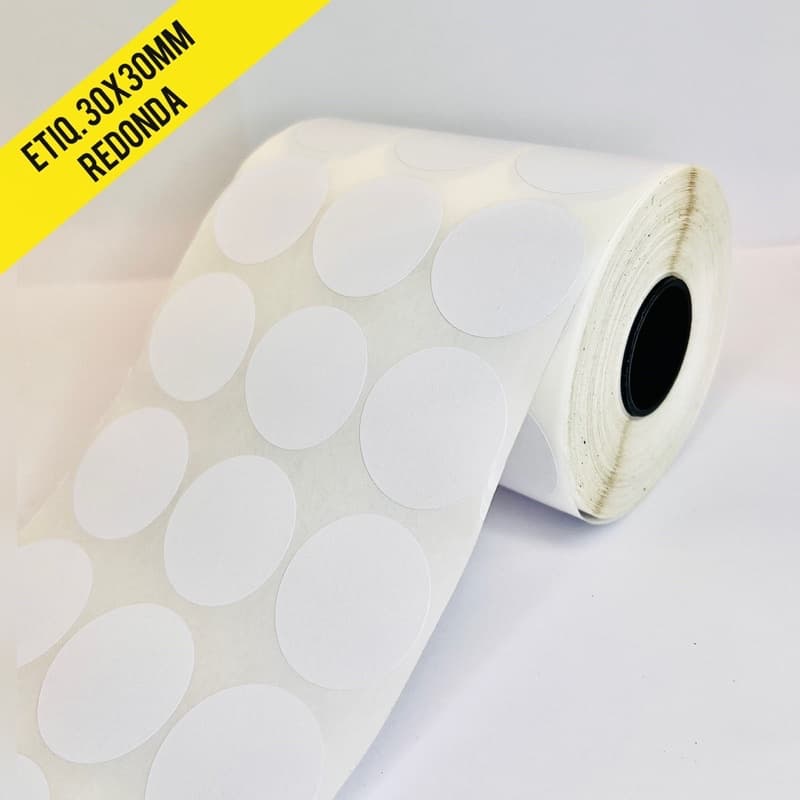 Etiqueta redonda 30x30x3 couchê (3 colunas) p/ zebra, Elgin,zetex z50x, etc. Rolo com 2.720 etiquetas 30 metros