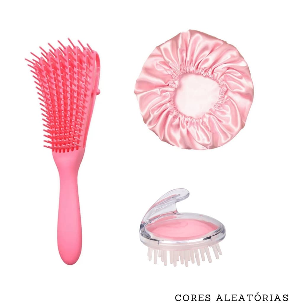 Kit Escova Polvo + Touca de Cetim + Escova Massageadora