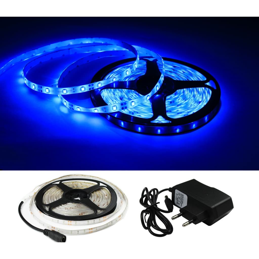 Fita LED Azul 3528 5m 300 Leds 12V IP65 Siliconada com Fonte