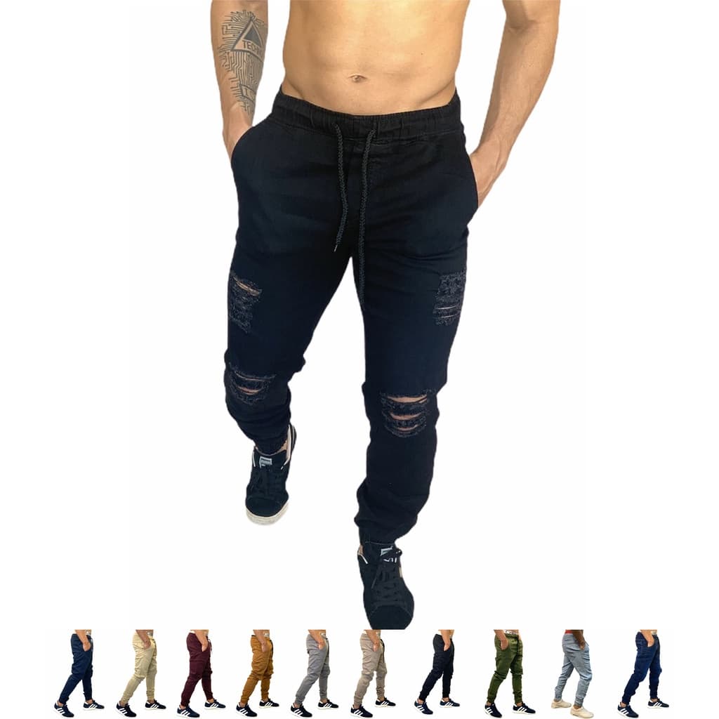 Calça Jogger Masculina Rasgada Jeans Preta - Preço de Atacado