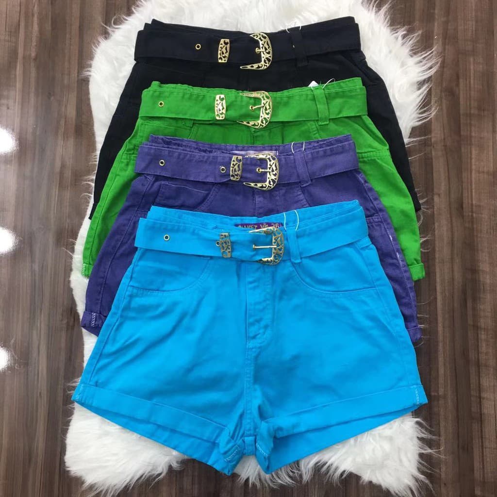 Short Jeans Feminina Colorido Com Cinto Sem Lycra Short Preto