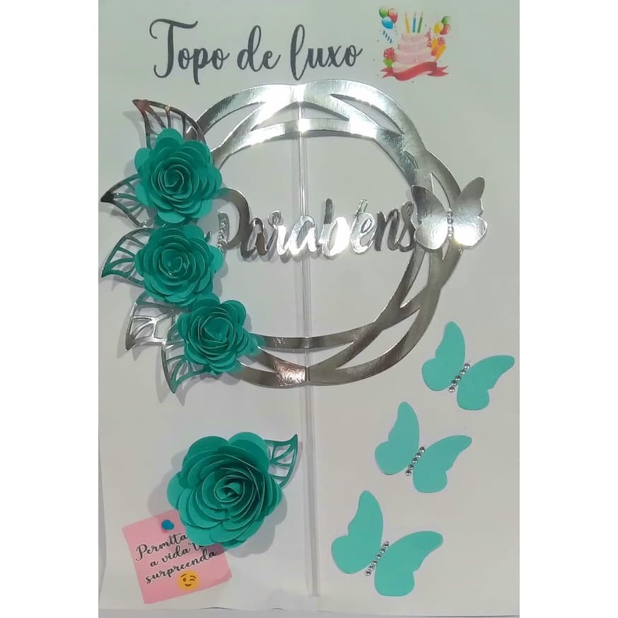 Topper de Bolo Parabéns Trio - Prata com Verde Tyfanni