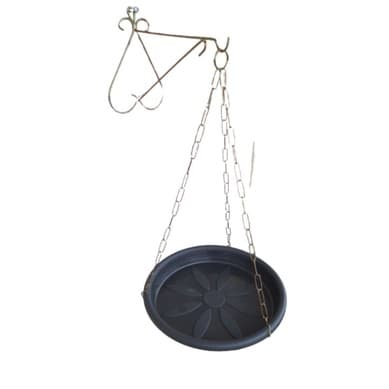 Prato p/  Xaxim ou vasos,  preto 31cm, com corrente 50cm e gancho aço para fixar