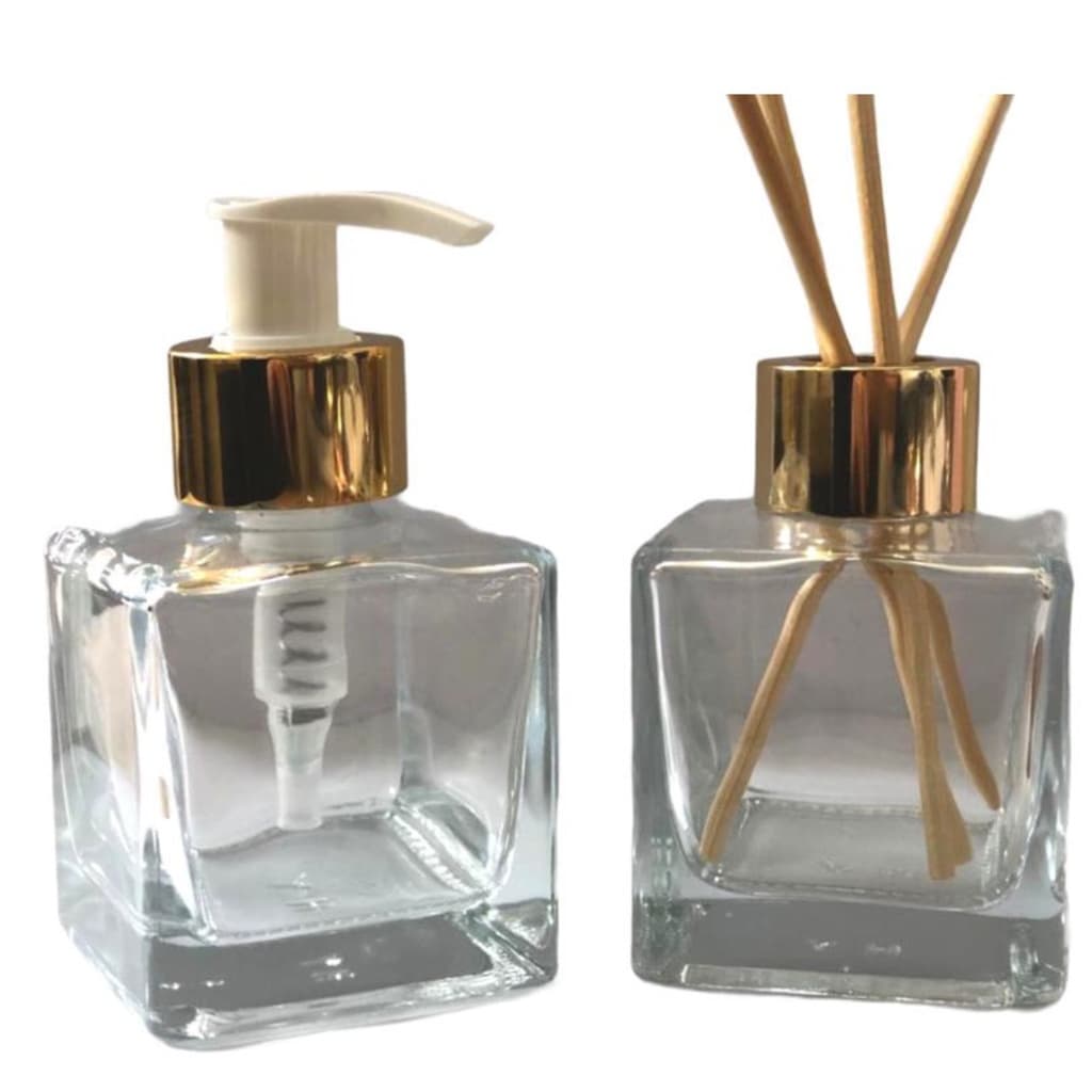 Kit 02 Frascos de Vidro Cubo 100ml Com Válvula Saboneteira Luxo + Tampa Difusora + 04 Varetas
