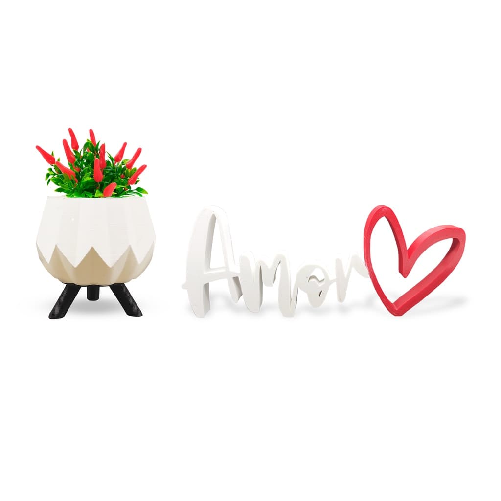 Vaso Decorativo + Amor 3D + Planta Pimenta Artificial - Kit Decoração Criativa
