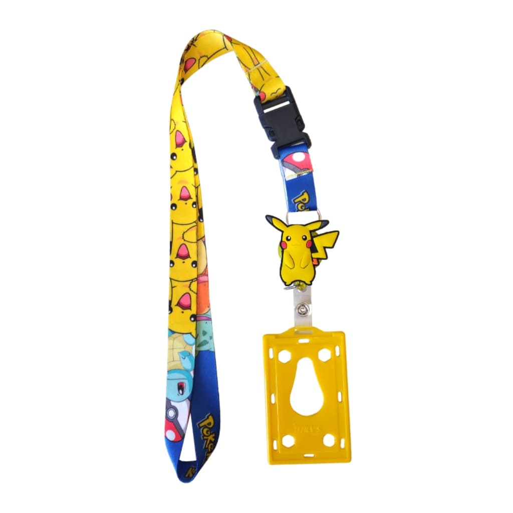Kit Cordão Pokémon com Fecho Engate Rápido + Porta Crachá Retrátil Pikachu + Porta Cartão Amarelo