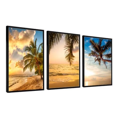 Kit 3 Quadros Decorativos Paisagem Mar Por do Sol Moldura Vidro Sala Quarto Escritório 40x60