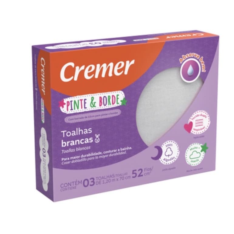 Toalha fralda Cremer Pinte e Borde . Marca Cremer. Tamanho:70cmX120cm. Caixa com 3 toalhas fralda.