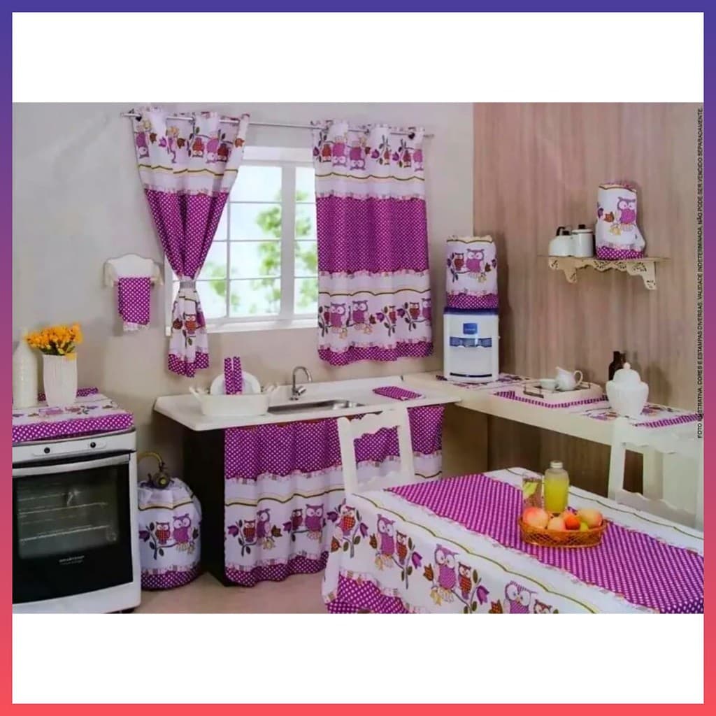 Kit Jogo de Cozinha Tergal 10 Peças Toalha Mesa 6 Lugares Cortina Pia Janela Capas Estampadas Decor
