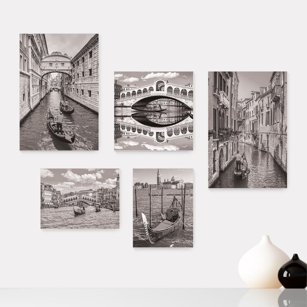 Kit 5 Quadros Decorativos Placas - Itália Veneza Viagem Preto e Branco Mundo Casa Quarto Sala - 351ktpl5